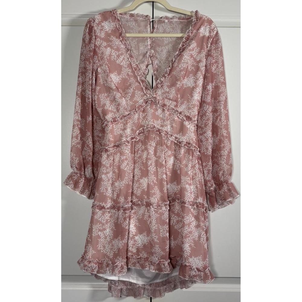 Womens Long-Sleeve Mini Dress Pink Floral V-Neck Tiered Ruffle Back Cut Out L